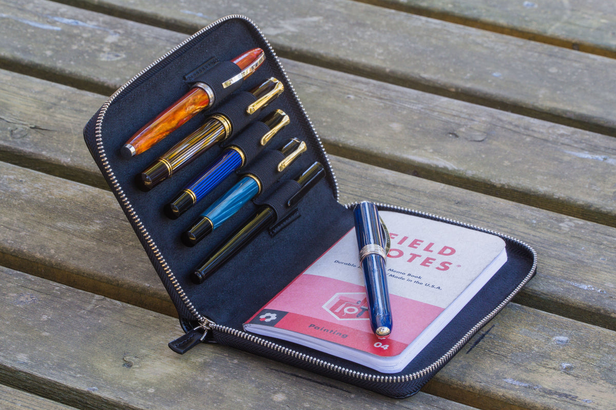 Galen Leather Zippered 5 Slots Pen Case - Black