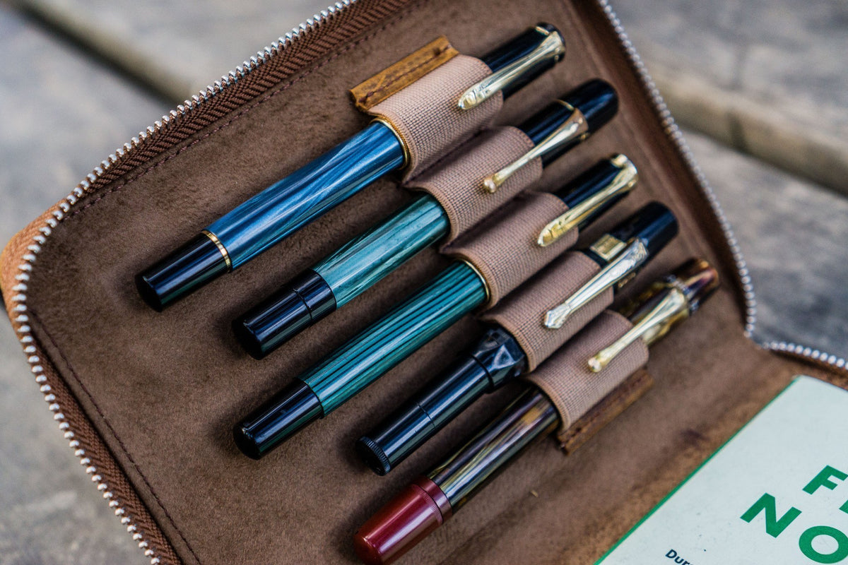 Galen Leather Zippered 5 Slots Pen Case - Crazy Horse Brown