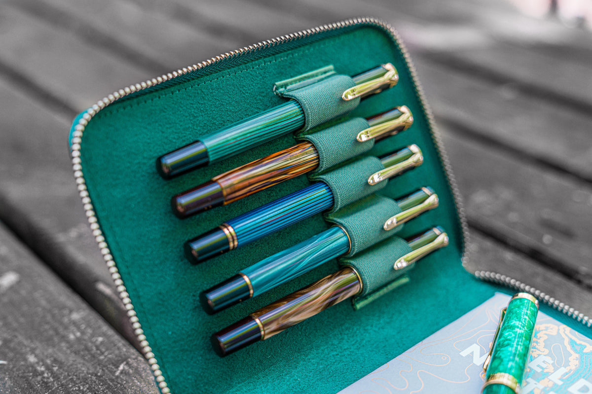 Galen Leather Zippered 5 Slots Pen Case - Crazy Horse Forest Green