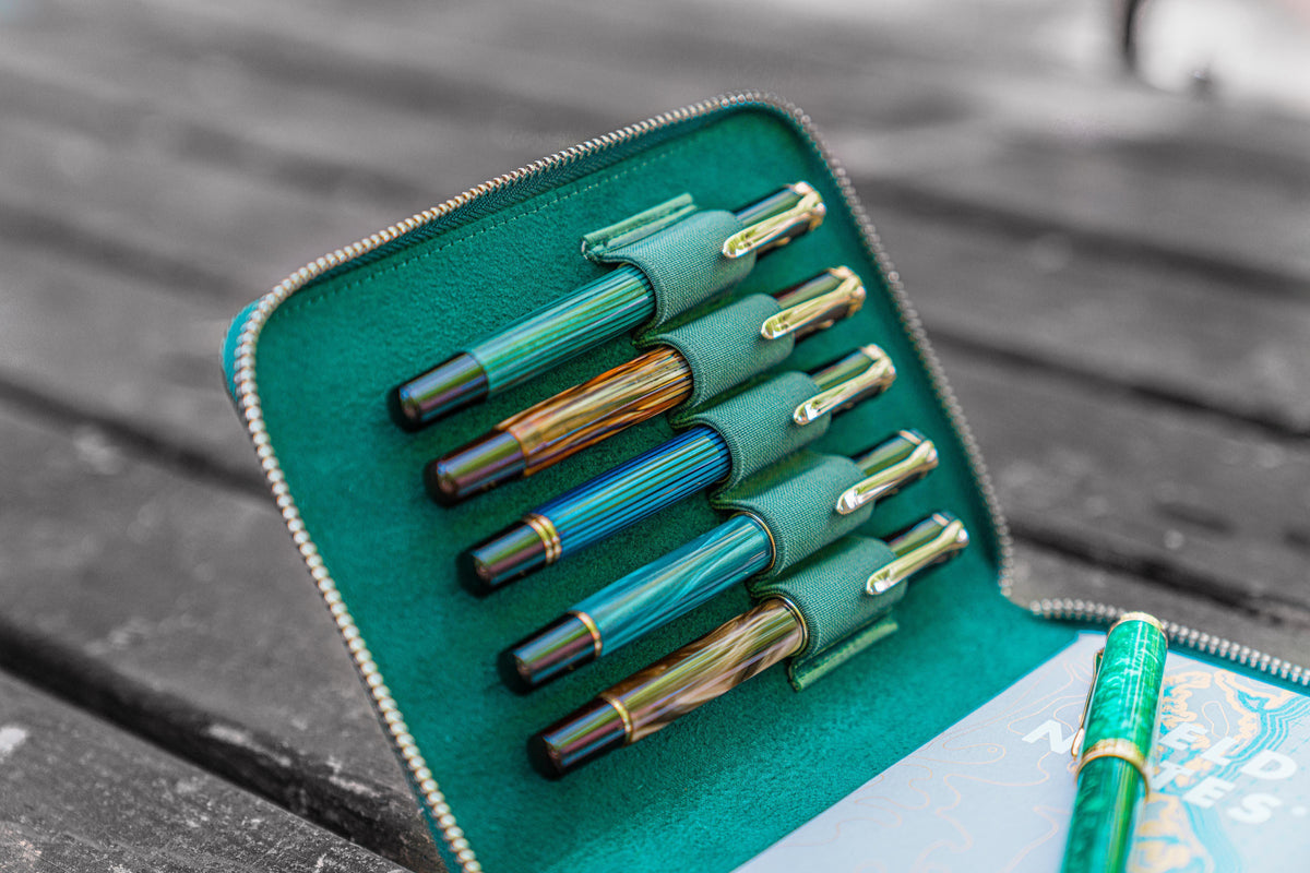 Galen Leather Zippered 5 Slots Pen Case - Crazy Horse Forest Green