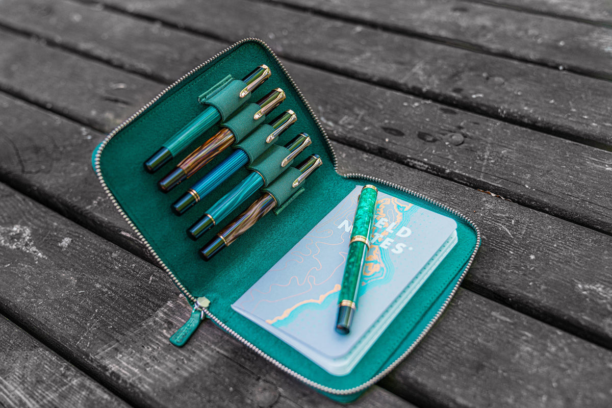 Galen Leather Zippered 5 Slots Pen Case - Crazy Horse Forest Green