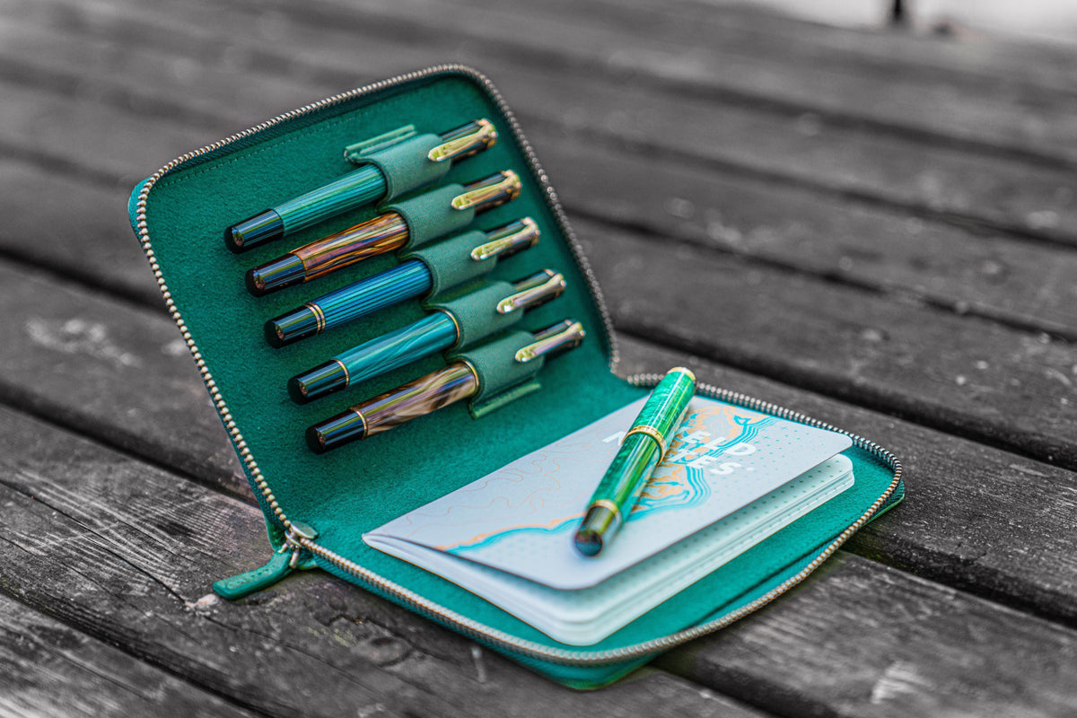 Galen Leather Zippered 5 Slots Pen Case - Crazy Horse Forest Green