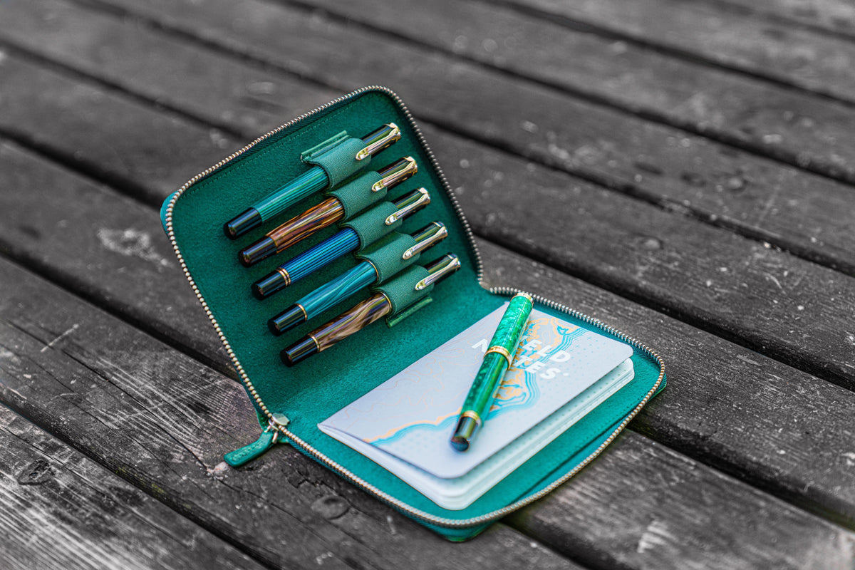 Galen Leather Zippered 5 Slots Pen Case - Crazy Horse Forest Green