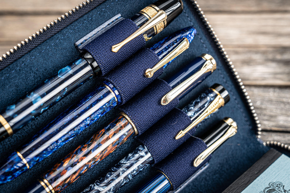 Galen Leather Zippered 5 Slots Pen Case - Crazy Horse Navy Blue