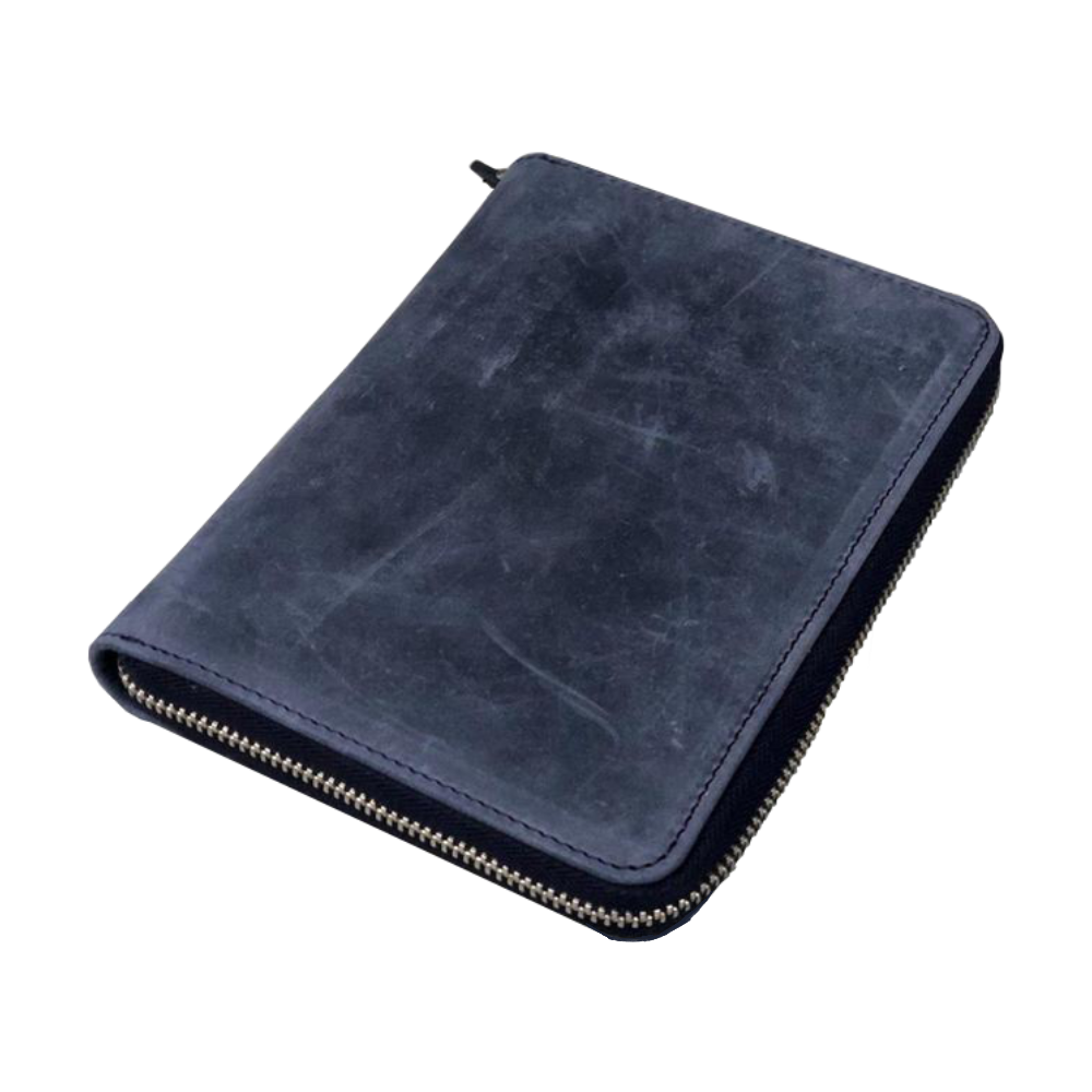 Galen Leather Zippered 5 Slots Pen Case - Crazy Horse Navy Blue