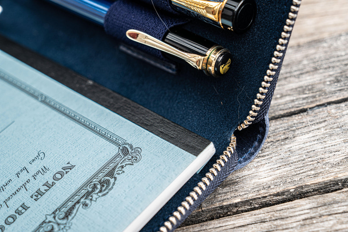 Galen Leather Zippered 5 Slots Pen Case - Crazy Horse Navy Blue