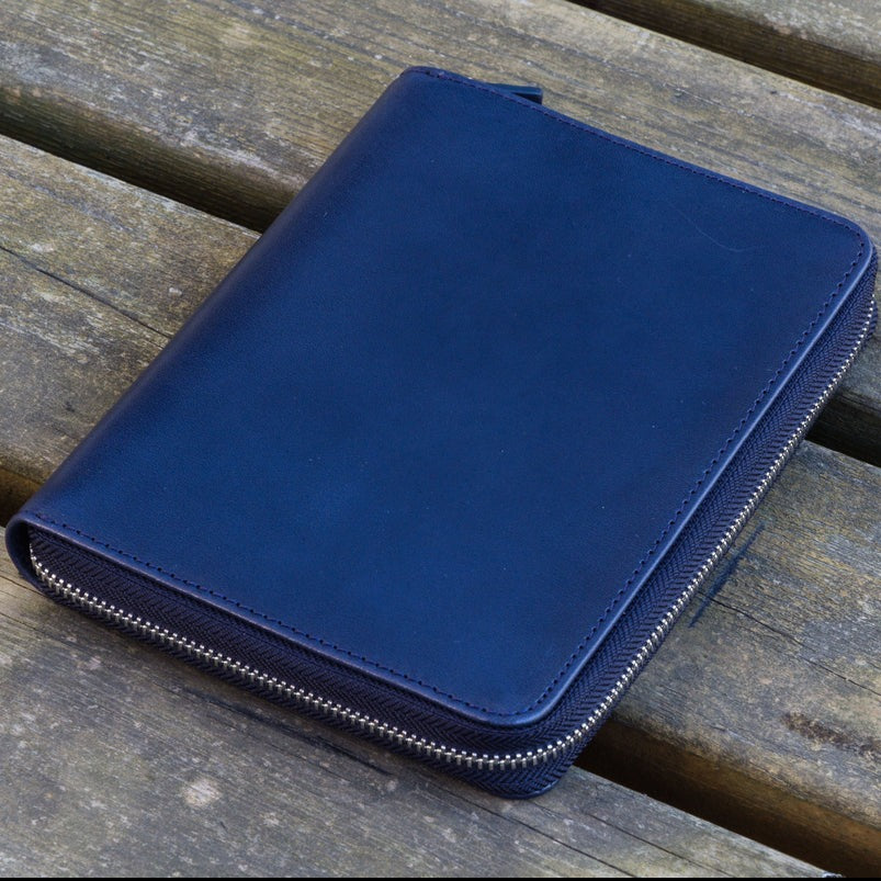 Galen Leather Zippered 5 Slots Pen Case - Navy Blue