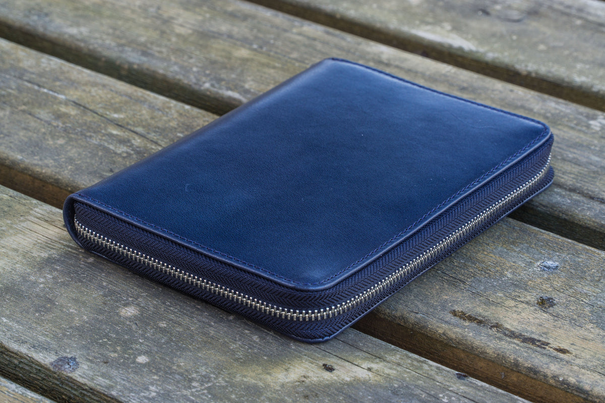 Galen Leather Zippered 5 Slots Pen Case - Navy Blue