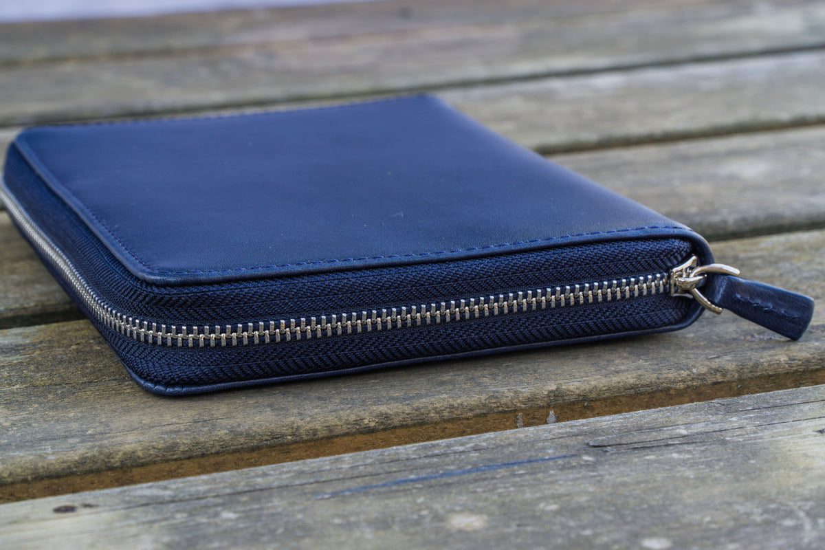 Galen Leather Zippered 5 Slots Pen Case - Navy Blue