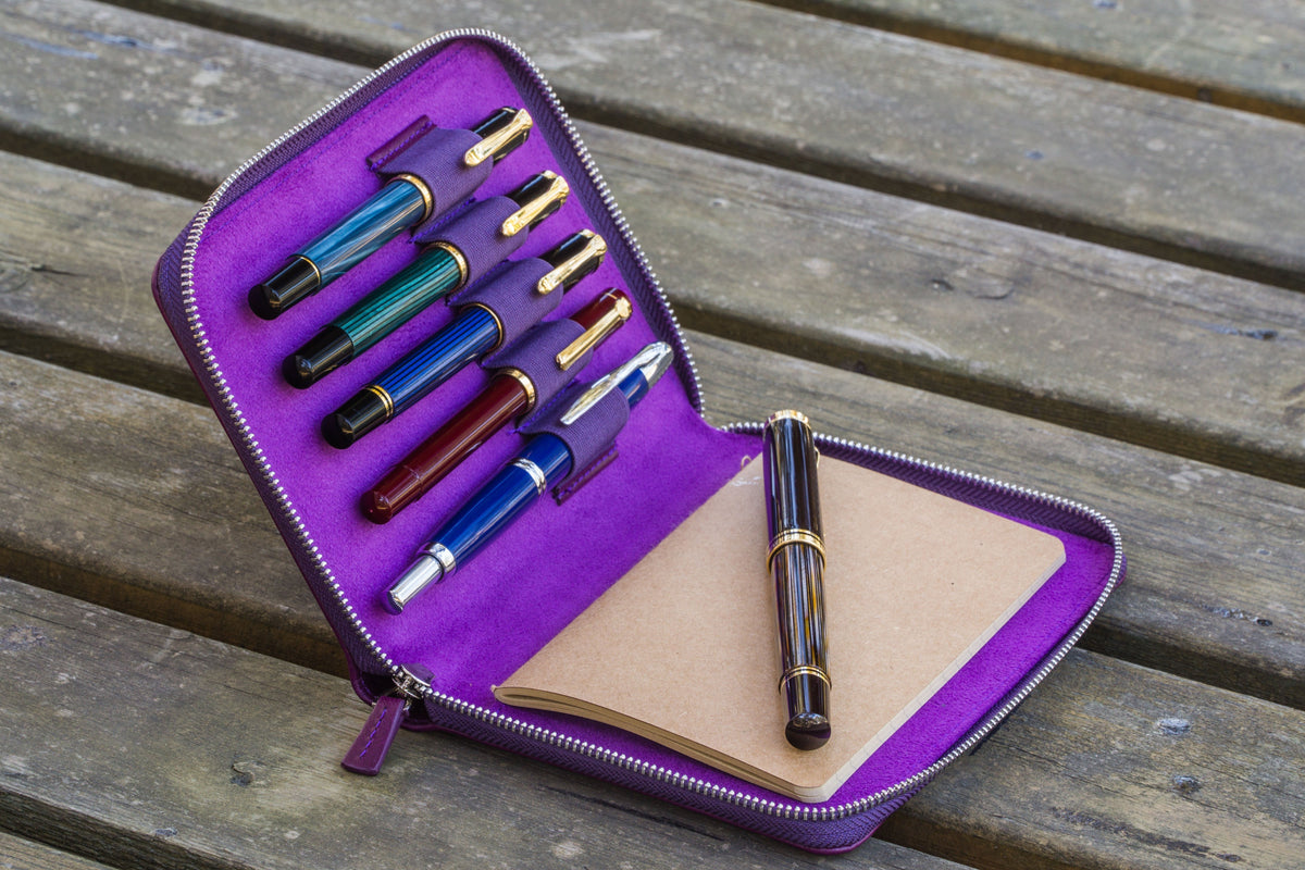 Galen Leather Zippered 5 Slots Pen Case - Purple