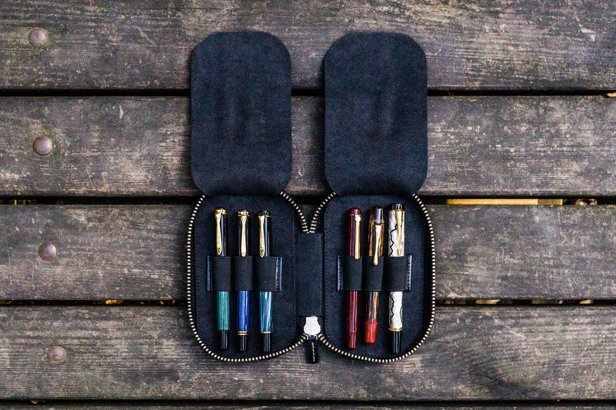 Galen Leather Zippered 6 Slots Pen Case - Black