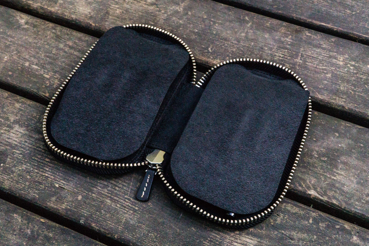 Galen Leather Zippered 6 Slots Pen Case - Black