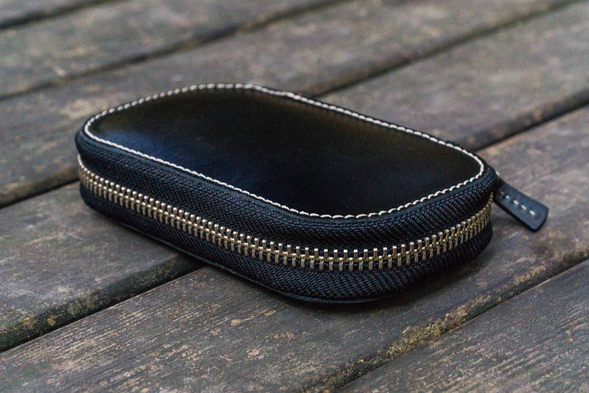 Galen Leather Zippered 6 Slots Pen Case - Black