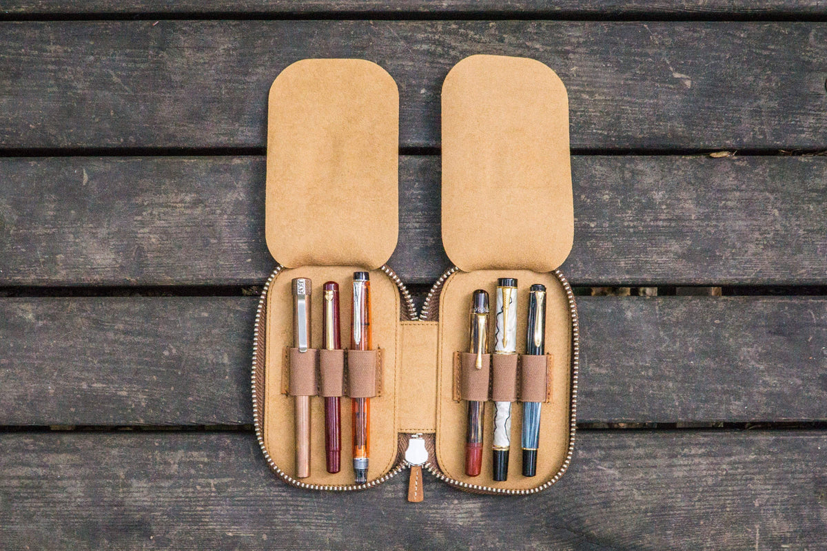 Galen Leather Zippered 6 Slots Pen Case - Crazy Horse Brown