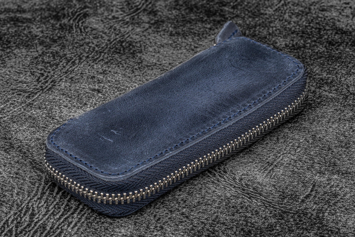 Galen Leather Zippered 2 Slots Pen Case for Kaweco Pocket Pen - Crazy Horse Navy Blue