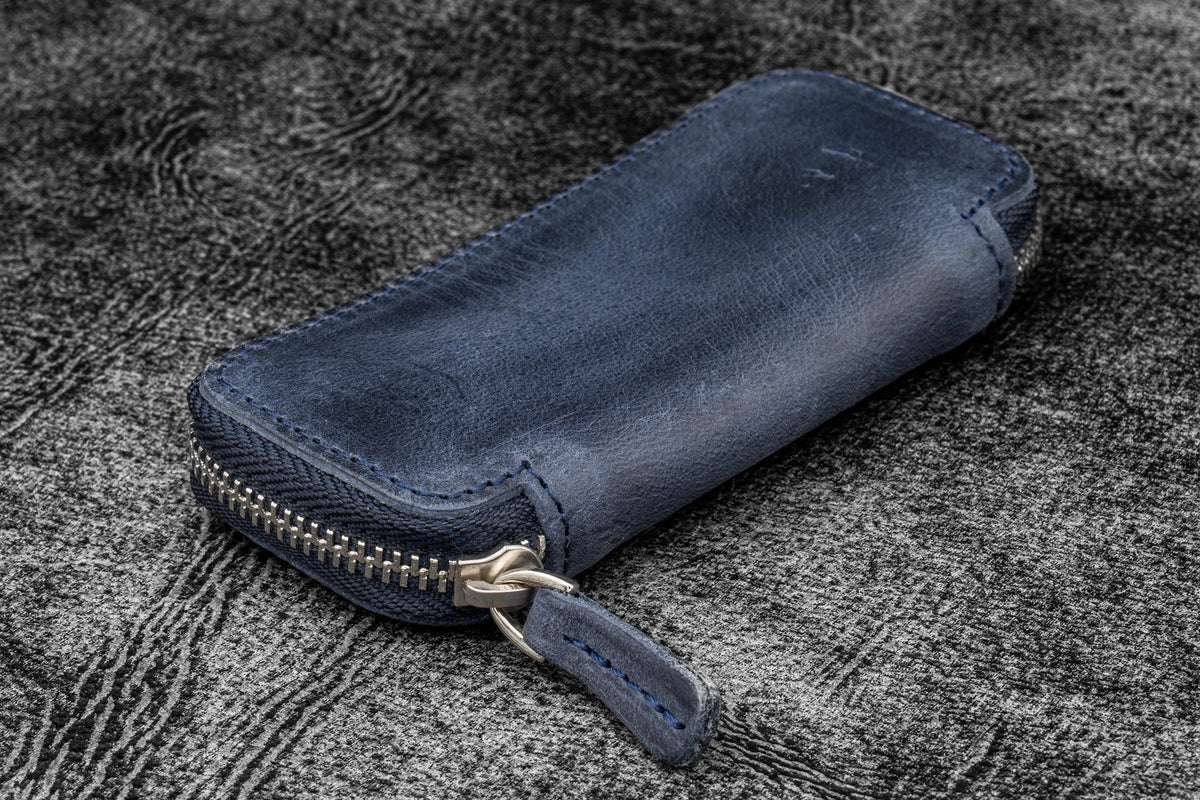 Galen Leather Zippered 2 Slots Pen Case for Kaweco Pocket Pen - Crazy Horse Navy Blue
