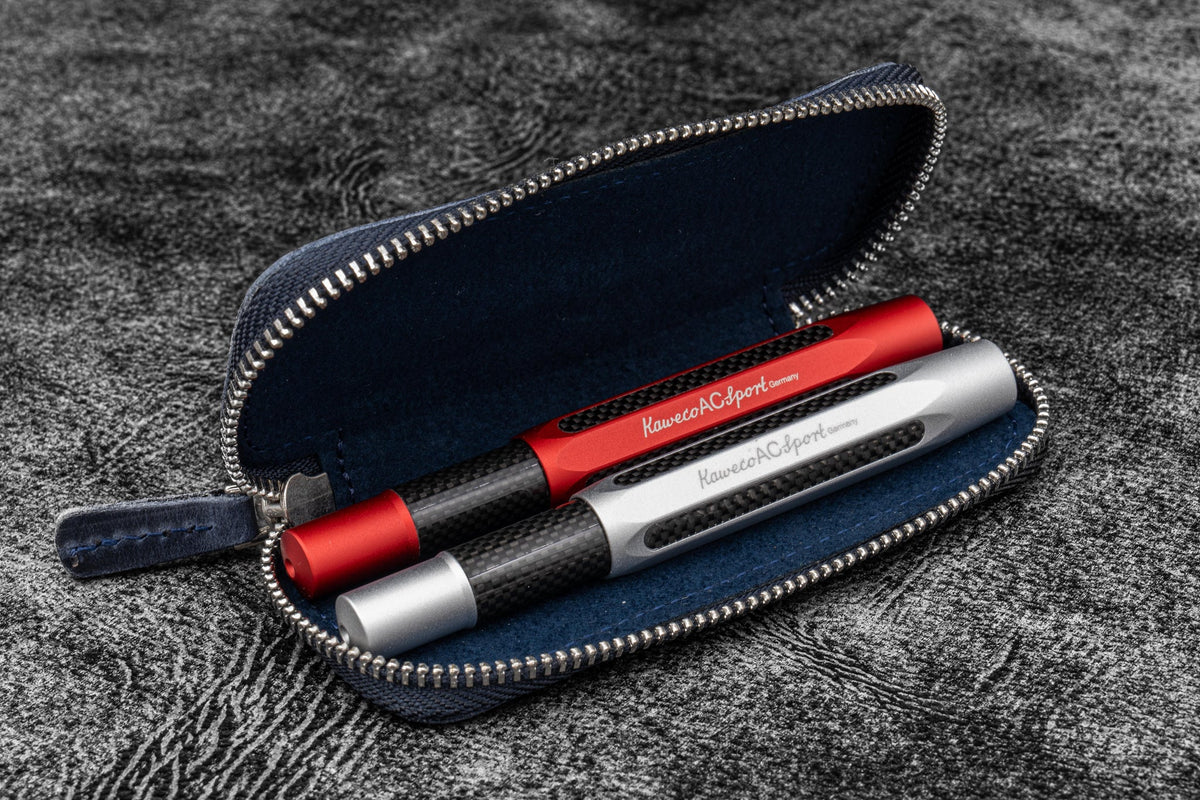 Galen Leather Zippered 2 Slots Pen Case for Kaweco Pocket Pen - Crazy Horse Navy Blue