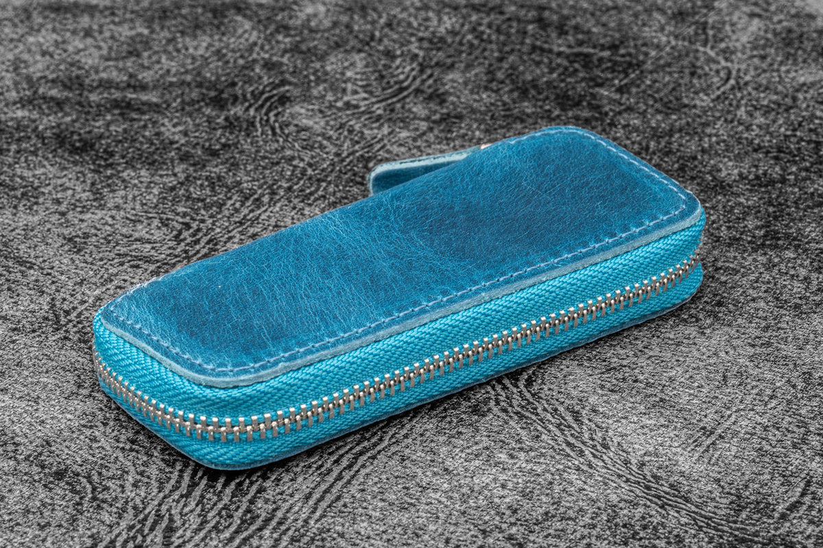 Galen Leather Zippered 2 Slots Pen Case for Kaweco Pocket Pen - Crazy Horse Ocean Blue