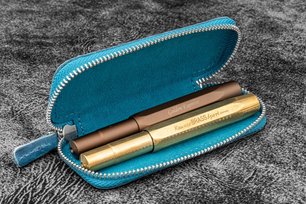 Galen Leather Zippered 2 Slots Pen Case for Kaweco Pocket Pen - Crazy Horse Ocean Blue