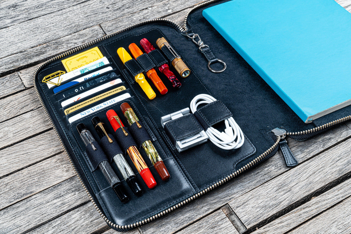 Galen Leather B5 Zippered Notebook Folio - Black