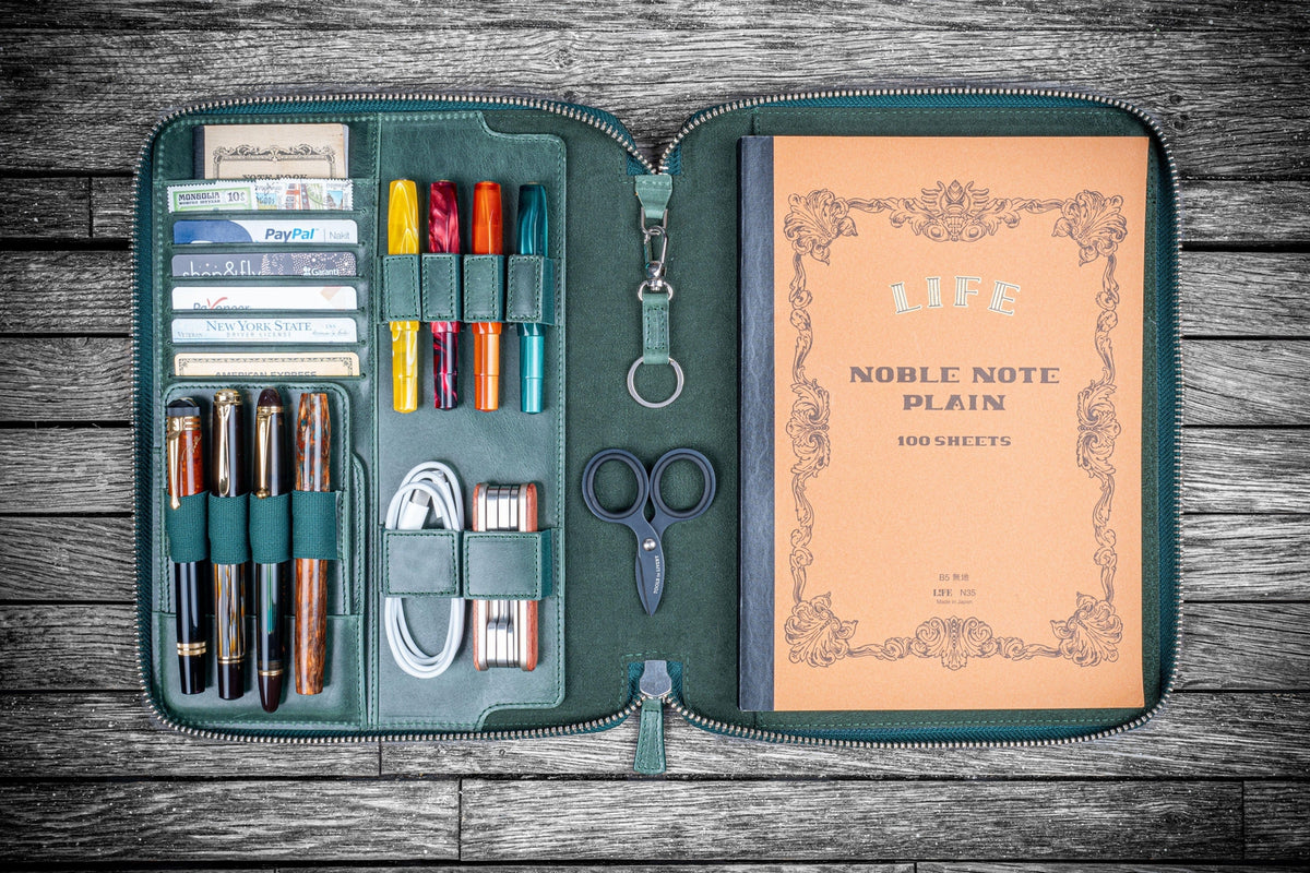 Galen Leather B5 Zippered Notebook Folio - Crazy Horse Forest Green