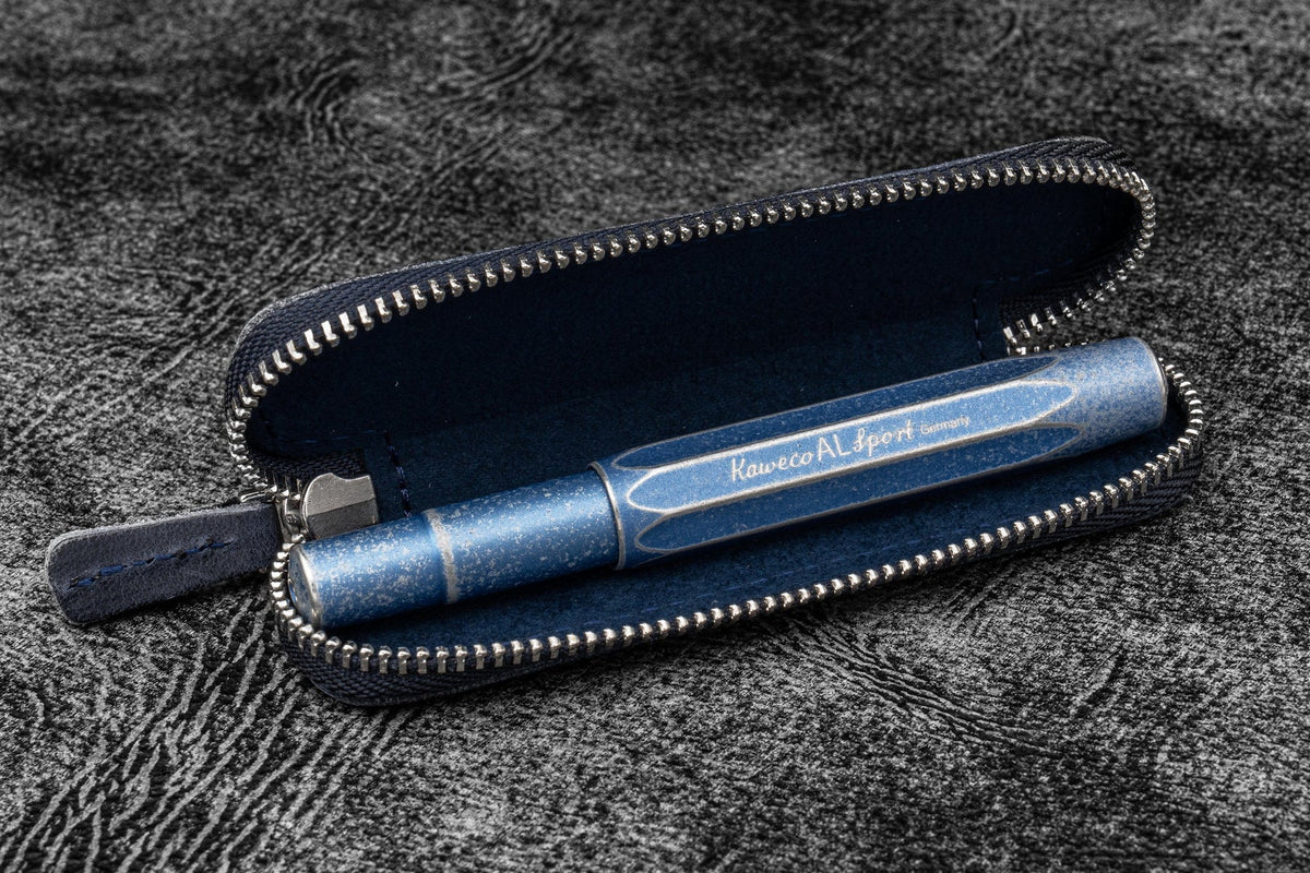 Galen Leather Zippered Single Slot Pen Case for Kaweco Pocket Pen - Crazy Horse Navy Blue