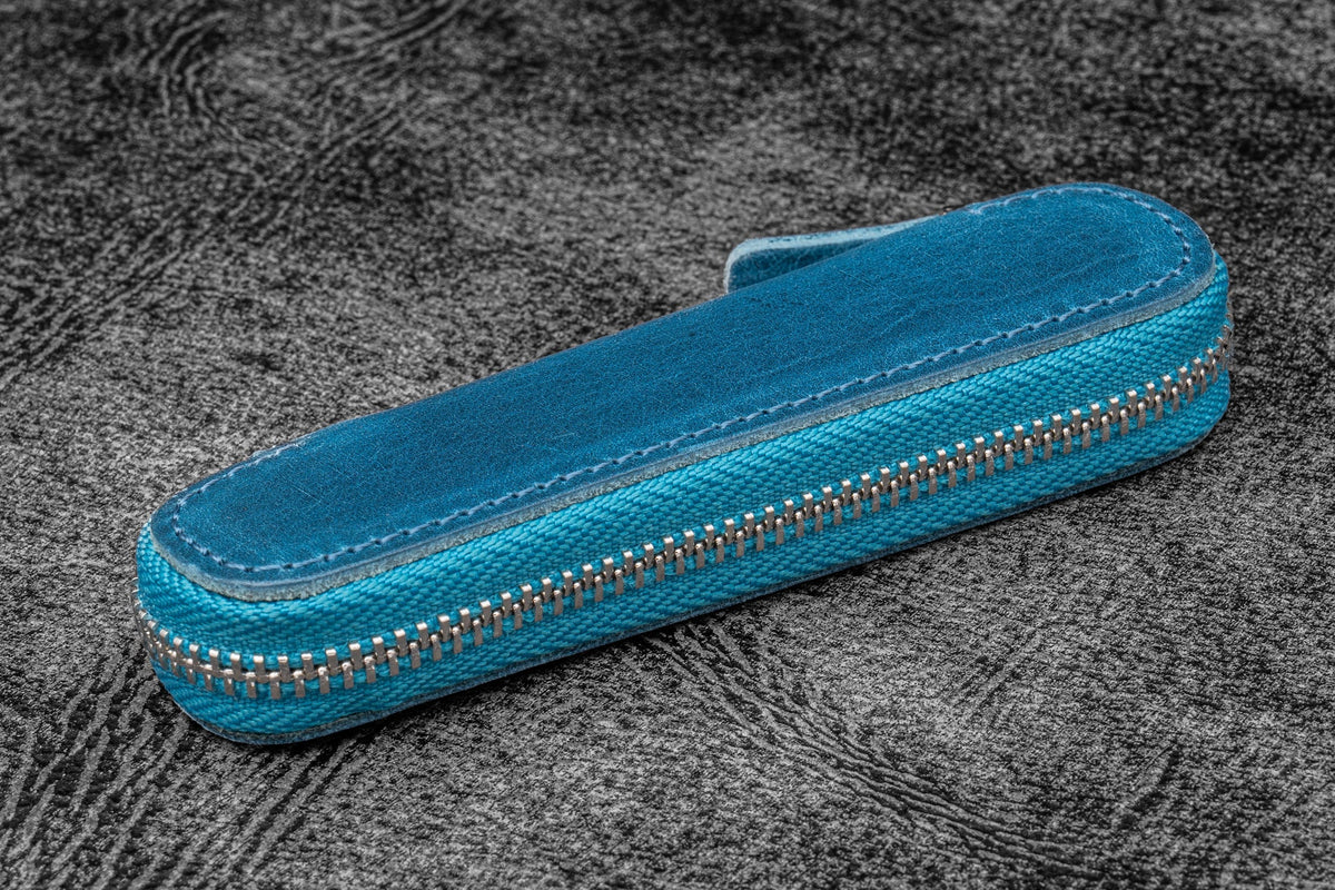 Galen Leather Zippered Single Slot Pen Case for Kaweco Pocket Pen - Crazy Horse Ocean Blue