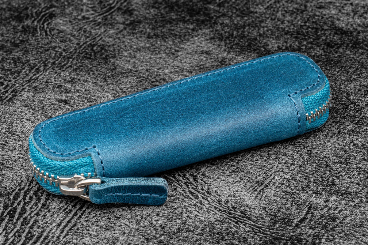 Galen Leather Zippered Single Slot Pen Case for Kaweco Pocket Pen - Crazy Horse Ocean Blue
