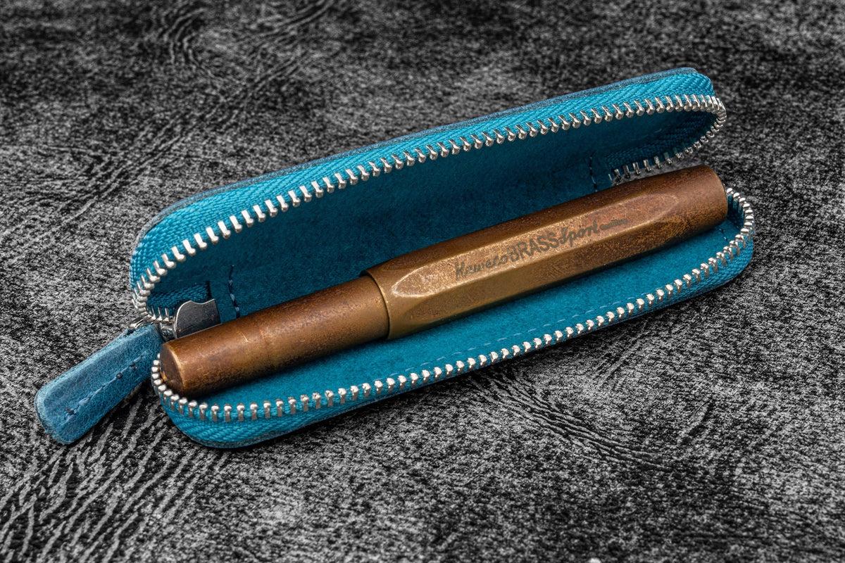 Galen Leather Zippered Single Slot Pen Case for Kaweco Pocket Pen - Crazy Horse Ocean Blue