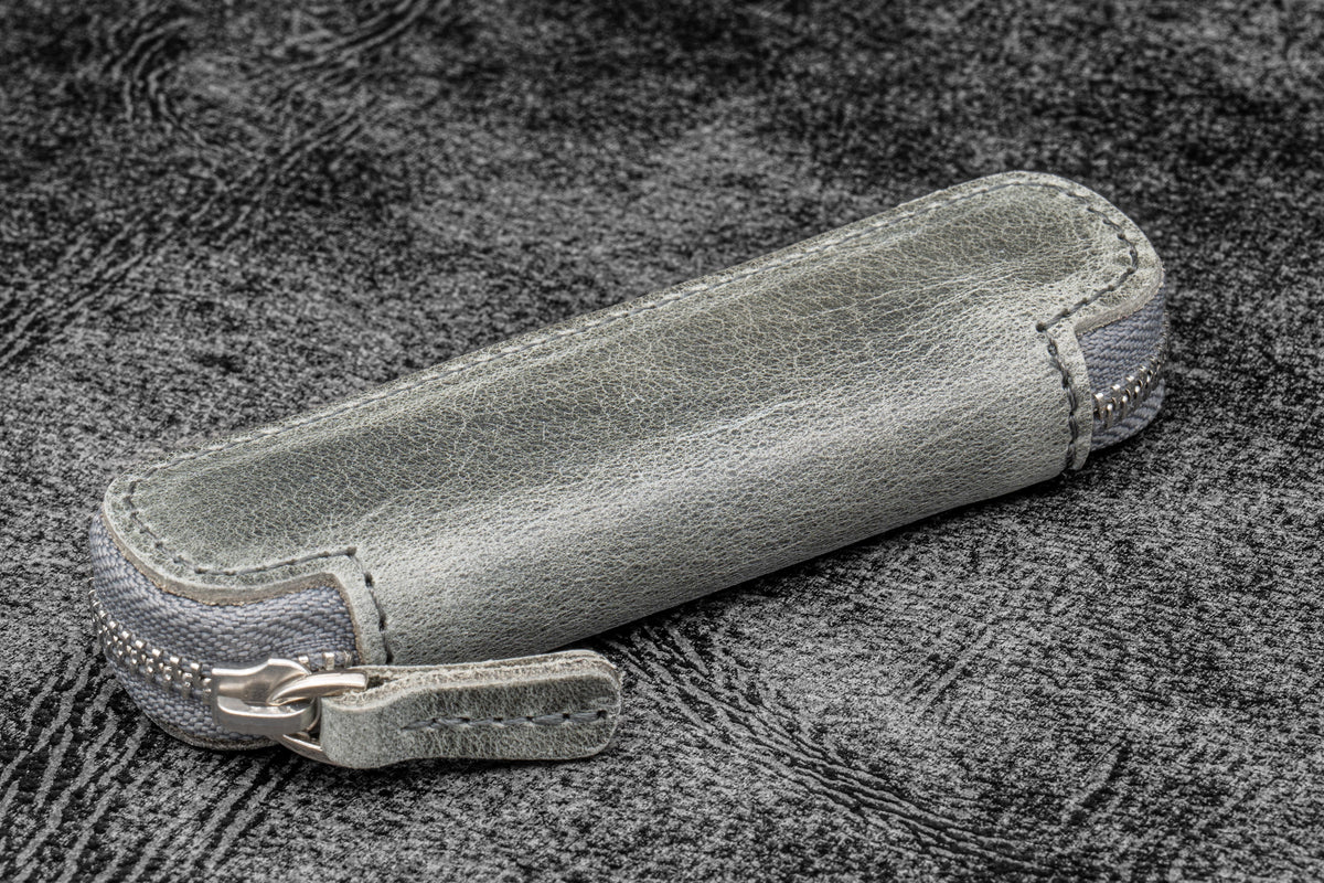 Galen Leather Zippered Single Slot Pen Case for Kaweco Pocket Pen - Crazy Horse Smoky