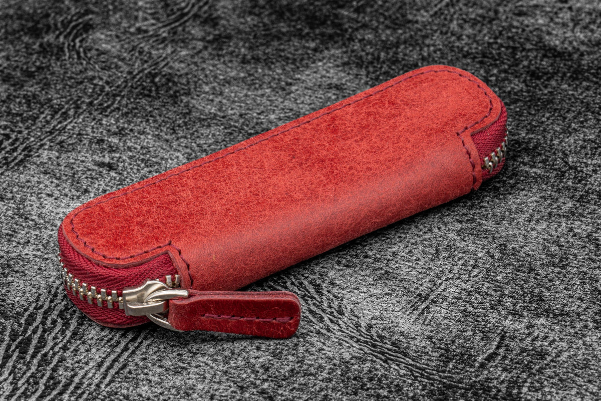Galen Leather Zippered Single Slot Pen Case for Kaweco Pocket Pen - Carmine Red