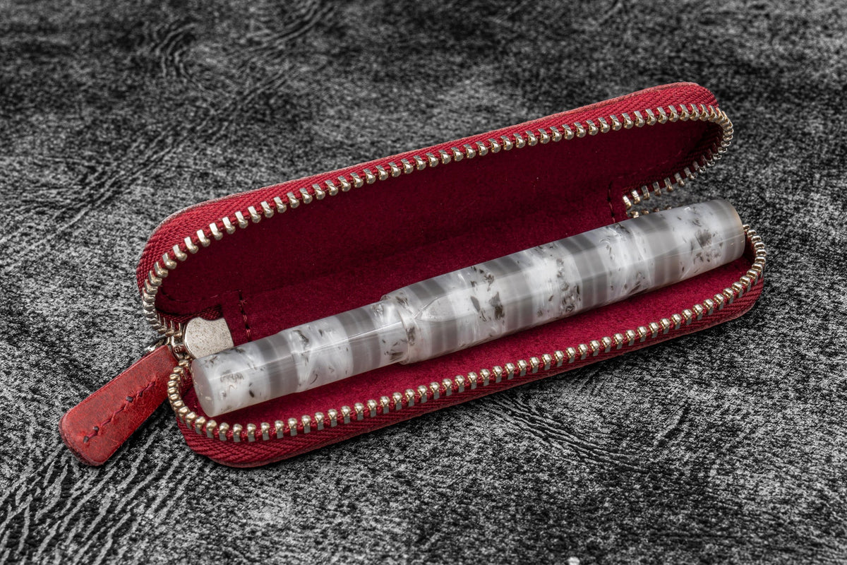 Galen Leather Zippered Single Slot Pen Case for Kaweco Pocket Pen - Carmine Red