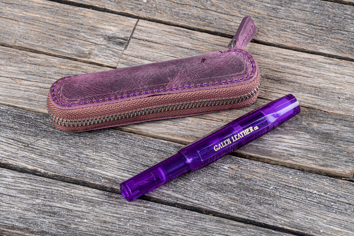Galen Leather Zippered Single Slot Pen Case for Kaweco Pocket Pen - Purple