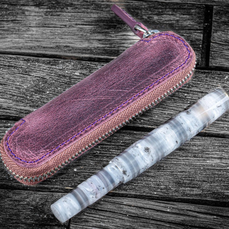 Galen Leather Zippered Single Slot Pen Case for Kaweco Pocket Pen - Purple