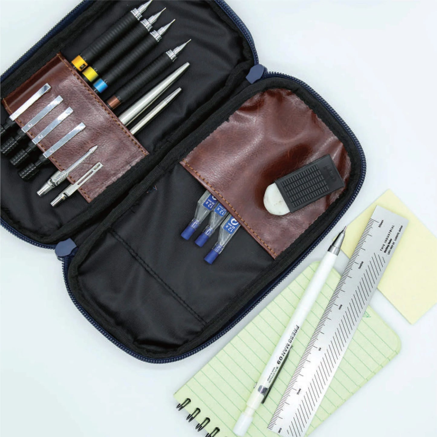 Luddite Round Zippered Pen Case - Windowpane Denim