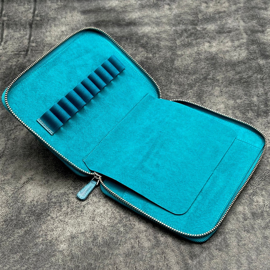 Galen Leather Zippered 10 Slots Pen Case with A5 Notebook Holder - Crazy Horse Ocean Blue