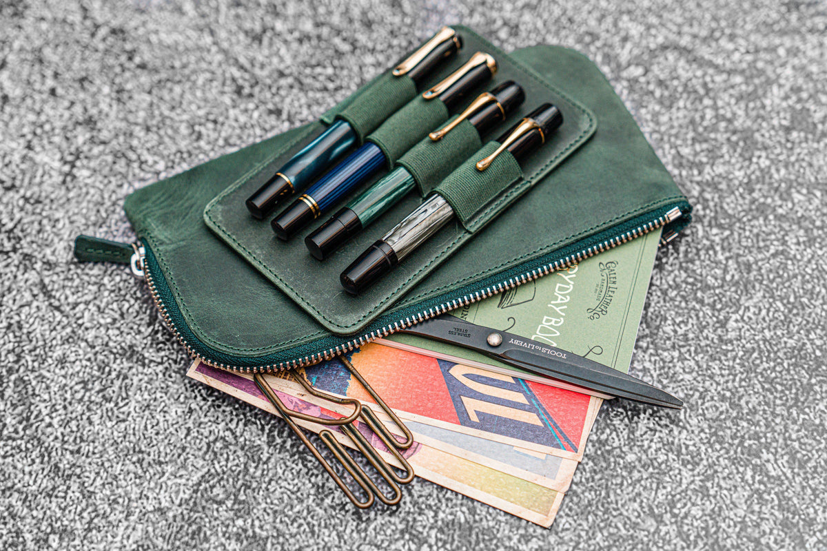 Galen Leather Zippered 4 Slots Slip-n-Zip Pen Pouch - Crazy Horse Forest Green