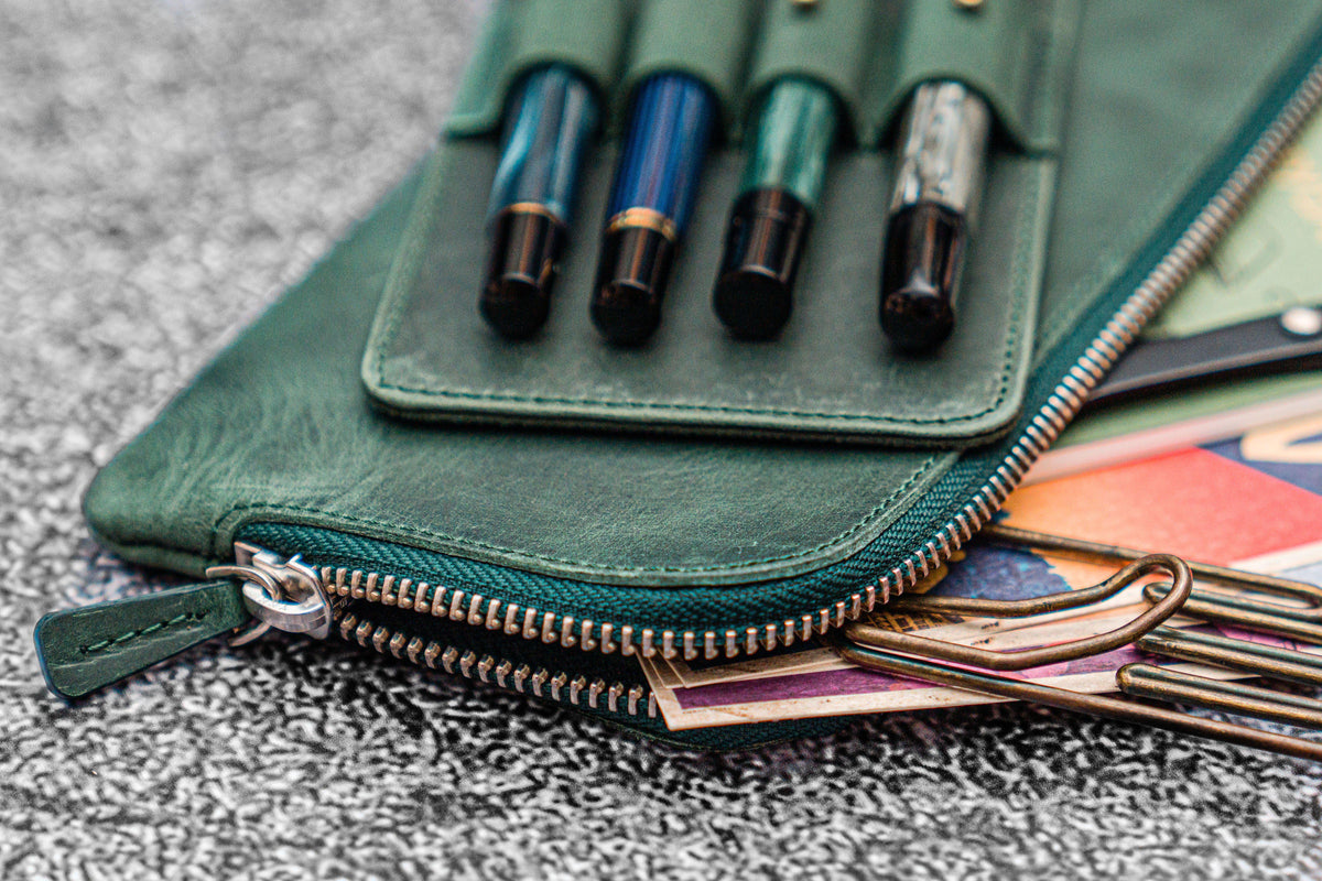 Galen Leather Zippered 4 Slots Slip-n-Zip Pen Pouch - Crazy Horse Forest Green