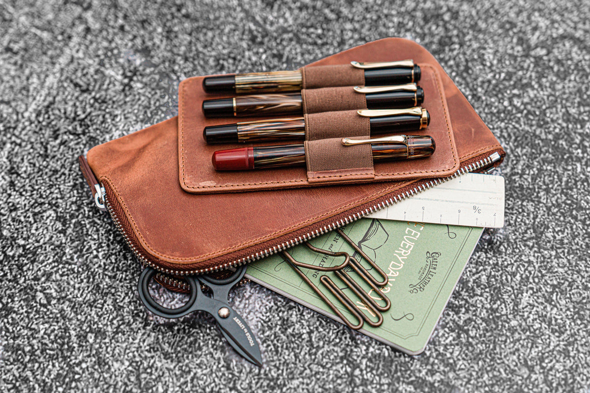 Galen Leather Zippered 4 Slots Slip-n-Zip Pen Pouch - Crazy Horse Tan
