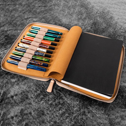 Galen Leather Zippered 10 Slots Pen Case with A5 Notebook Holder - Undyed