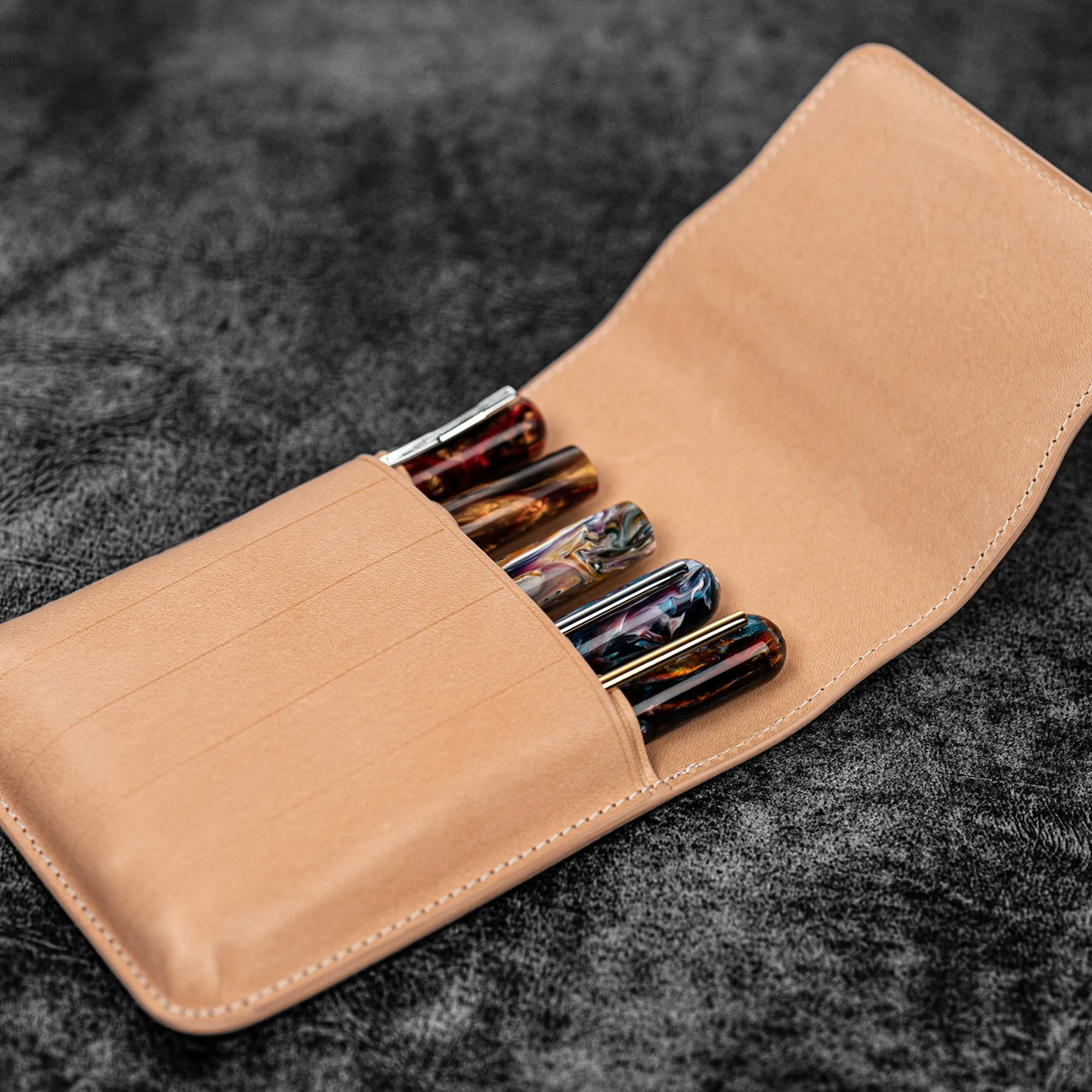 Galen Leather 5 Slots Flap Pen Case - Undyed