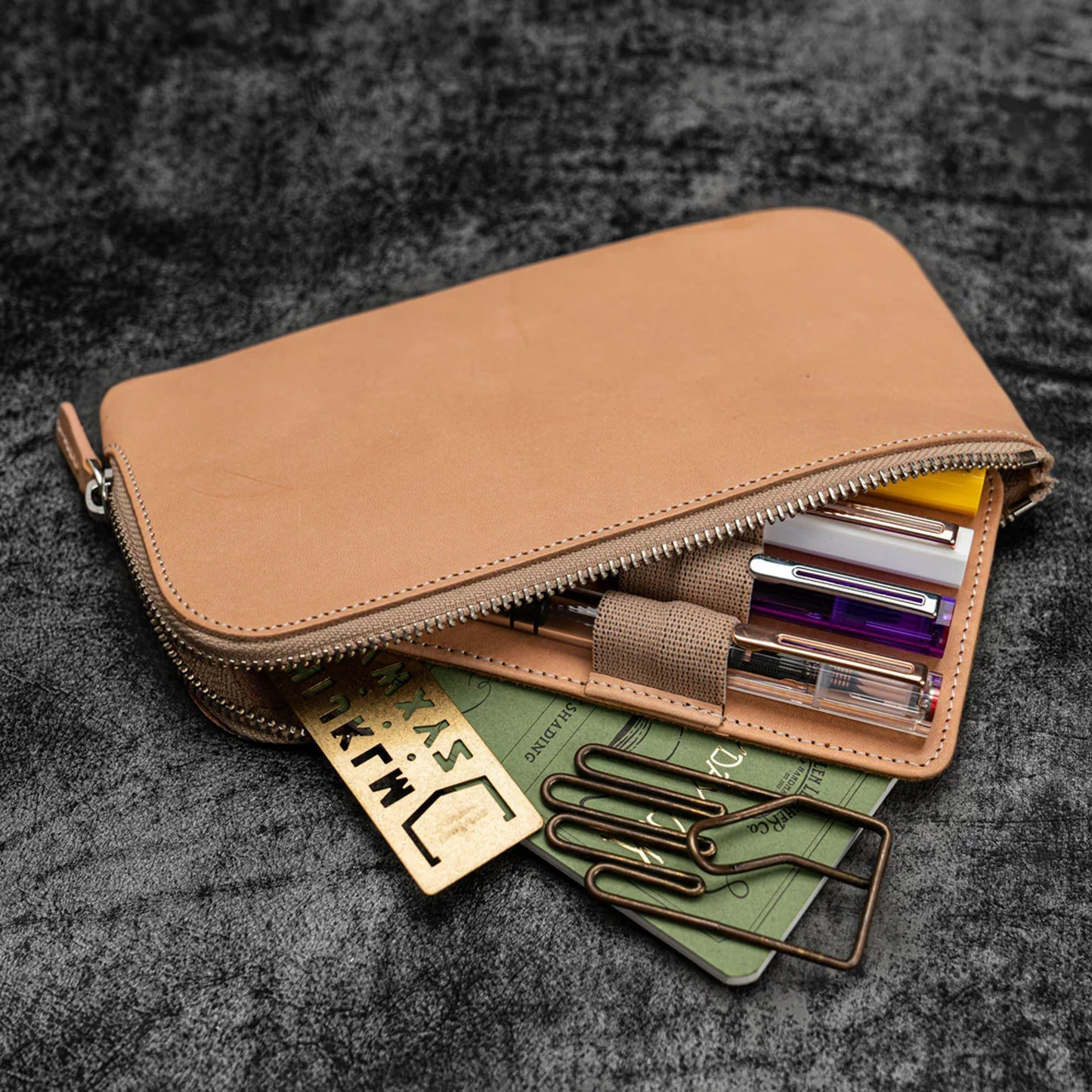 Galen Leather Zippered 4 Slots Slip-n-Zip Pen Pouch - Undyed