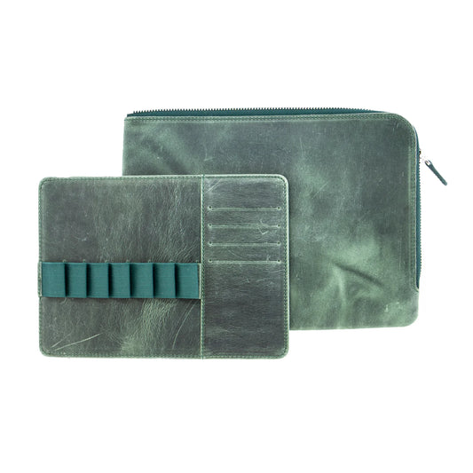Galen Leather Zippered 7 Slots Writer's Bank Bag/Pen Pouch - Crazy Horse Forest Green