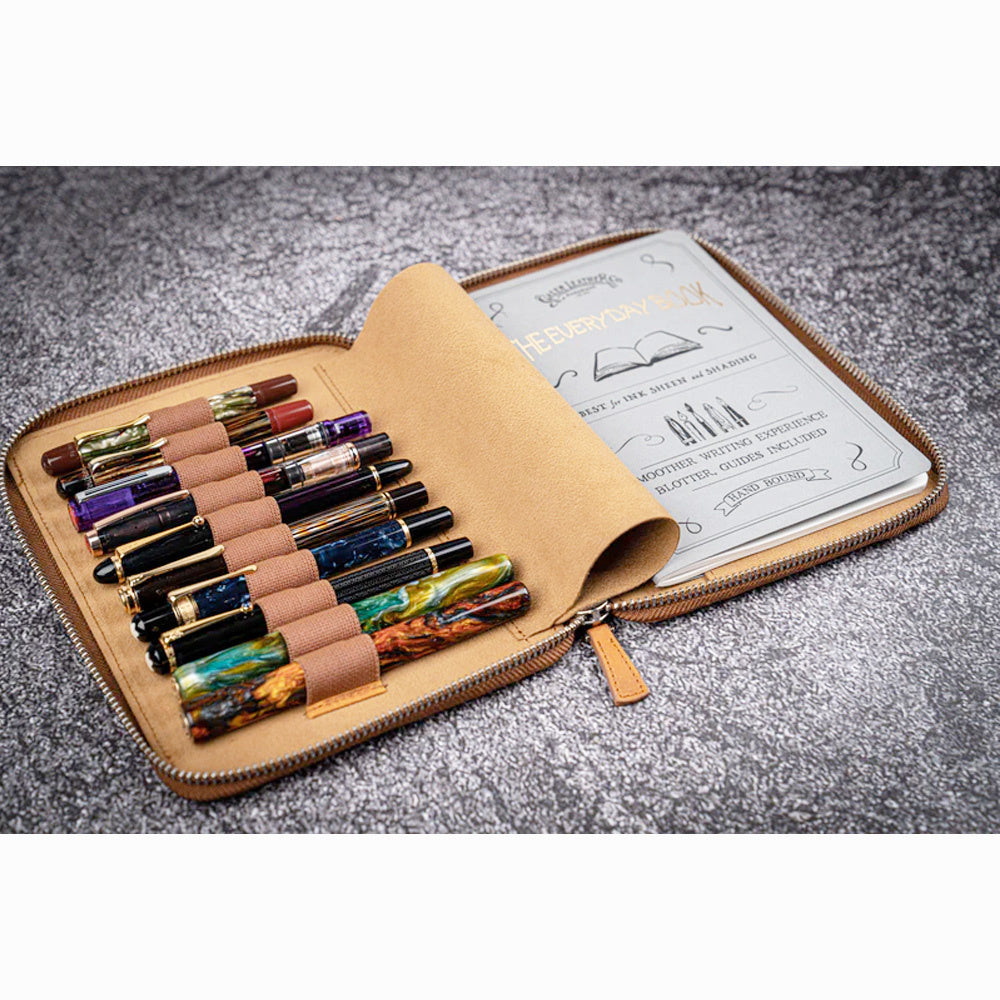 Galen Leather Zippered 10 Slots Pen Case with A5 Notebook Holder - Crazy Horse Brown