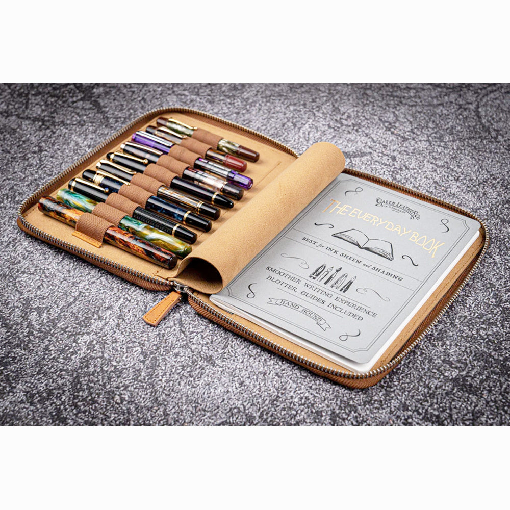 Galen Leather Zippered 10 Slots Pen Case with A5 Notebook Holder - Crazy Horse Brown