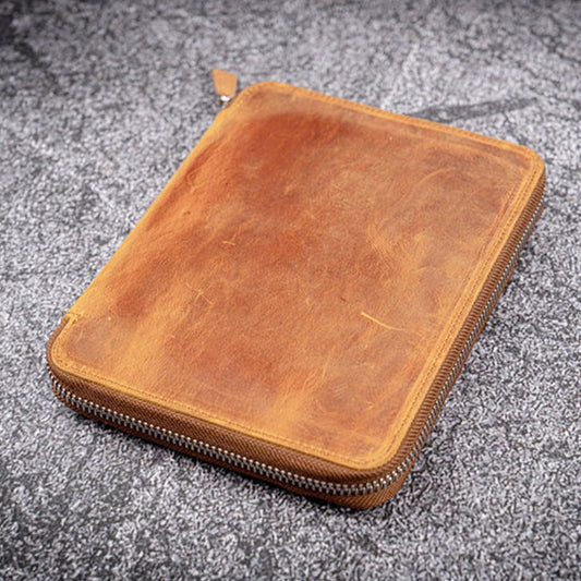 Galen Leather Zippered 10 Slots Pen Case with A5 Notebook Holder - Crazy Horse Brown