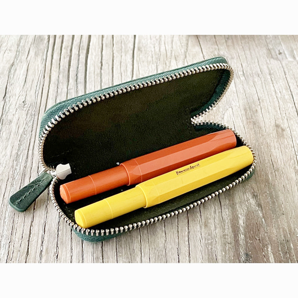 Galen Leather Zippered 2 Slots Pen Case for Kaweco Pocket Pen - Crazy Horse Forest Green
