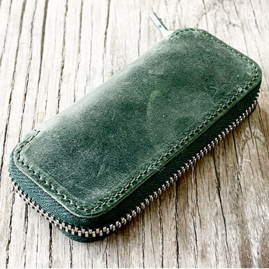 Galen Leather Zippered 2 Slots Pen Case for Kaweco Pocket Pen - Crazy Horse Forest Green