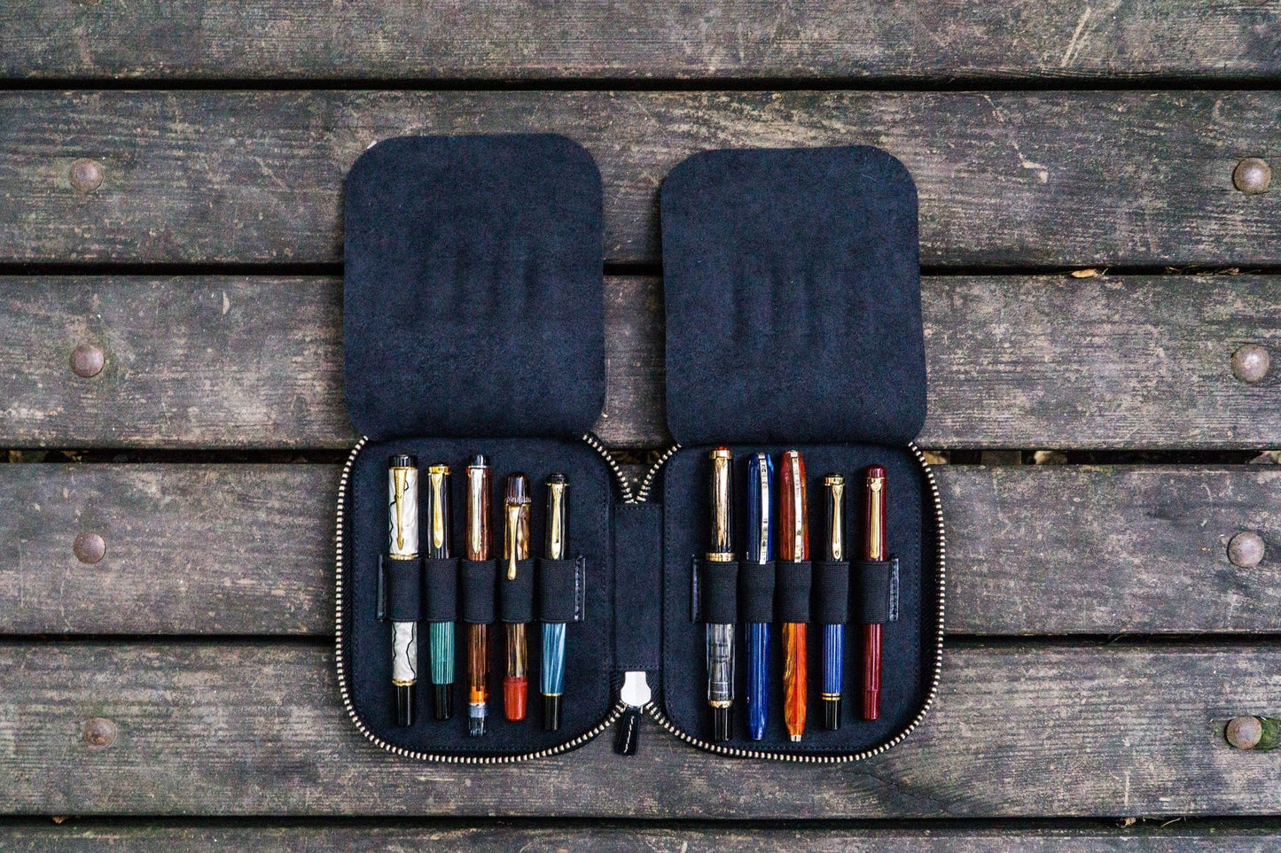 Galen Leather Zippered 10 Slots Pen Case - Black